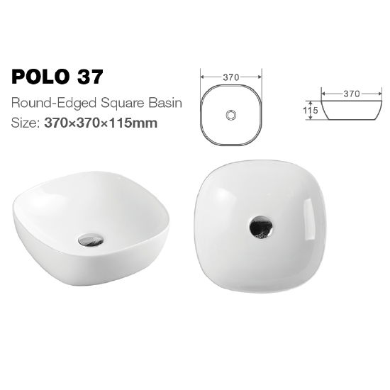 370x370x115mm Bathroom Square Above Counter White Ceramic Wash Basin